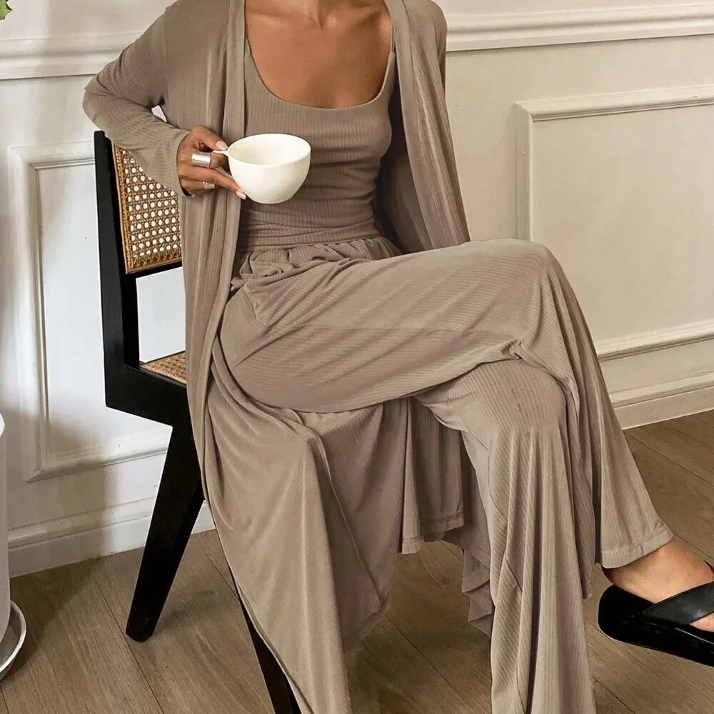 Khaki Casual Women's Camisole Top, Coat and Pants Lounge Wear Set